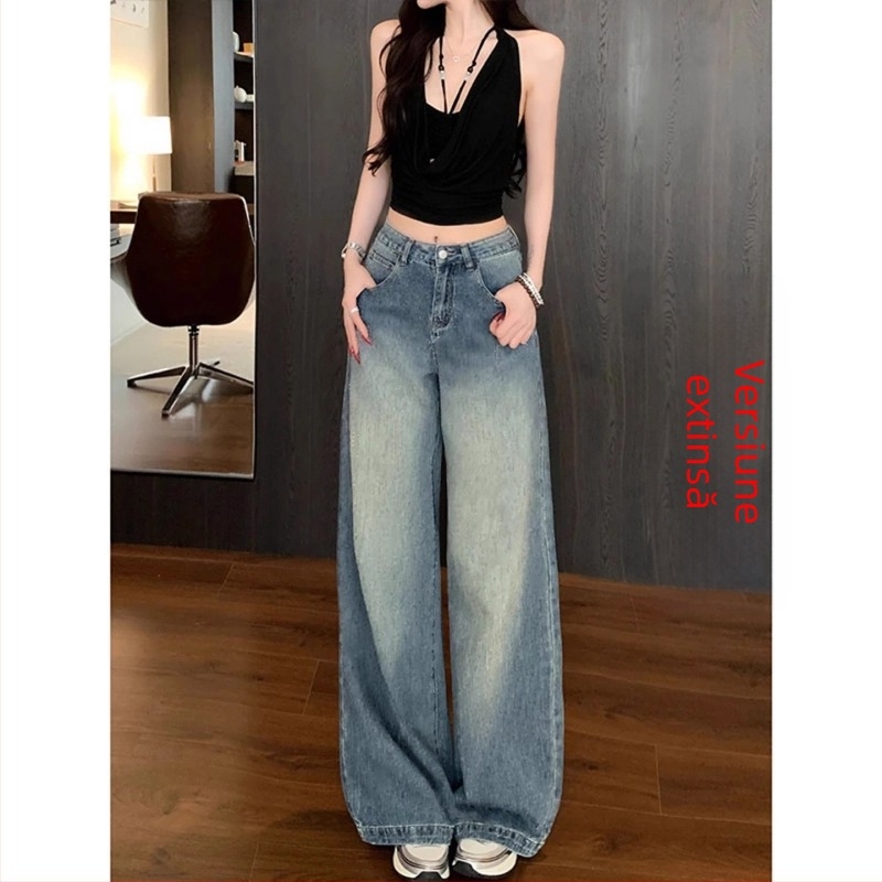 Jeanși din denim cu căptușeală fleece, wide-leg, rhinestones hotfix, lungime până la podea, iarnă 2025