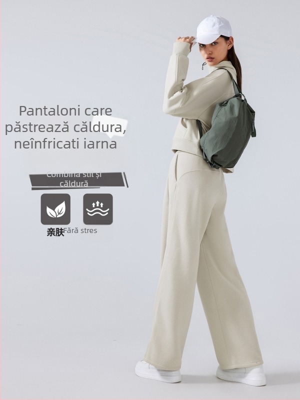 Pantaloni sport de iarnă pentru femei, talie înaltă, croială lejeră, material din amestec de bumbac (28% bumbac), fără căptușeală, păstrează căldura, pentru alergare și fitness