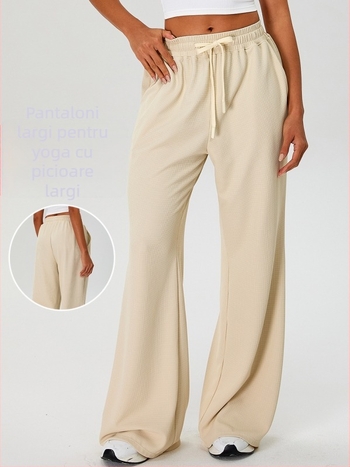 Pantaloni sport femei, largi, talie înaltă, șnur, croială drapată, material nylon cu căptușeală Spandex 90%, absorbție a umezelii și respirabil pentru alergare și fitness