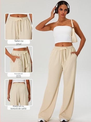 Pantaloni sport femei, largi, talie înaltă, șnur, croială drapată, material nylon cu căptușeală Spandex 90%, absorbție a umezelii și respirabil pentru alergare și fitness