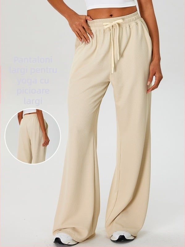 Pantaloni sport femei, largi, talie înaltă, șnur, croială drapată, material nylon cu căptușeală Spandex 90%, absorbție a umezelii și respirabil pentru alergare și fitness