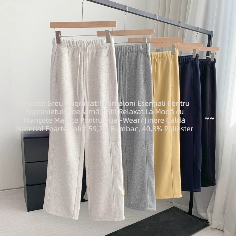 OMILI Pantaloni trening femei, cu căptușeală fleece, croială lejeră, talie înaltă, picior drept, poliester de greutate medie, microelasticitate