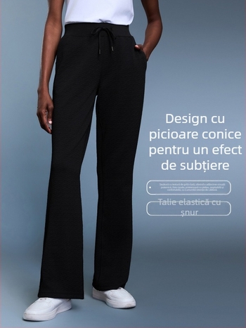Pantaloni cu textură de gofra, croială lejeră, talie înaltă, material din amestec bumbac cu 95% poliester, respirabili, pentru femei
