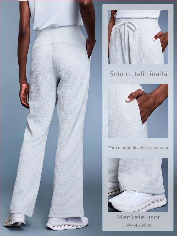 Pantaloni cu textură de gofra, croială lejeră, talie înaltă, material din amestec bumbac cu 95% poliester, respirabili, pentru femei