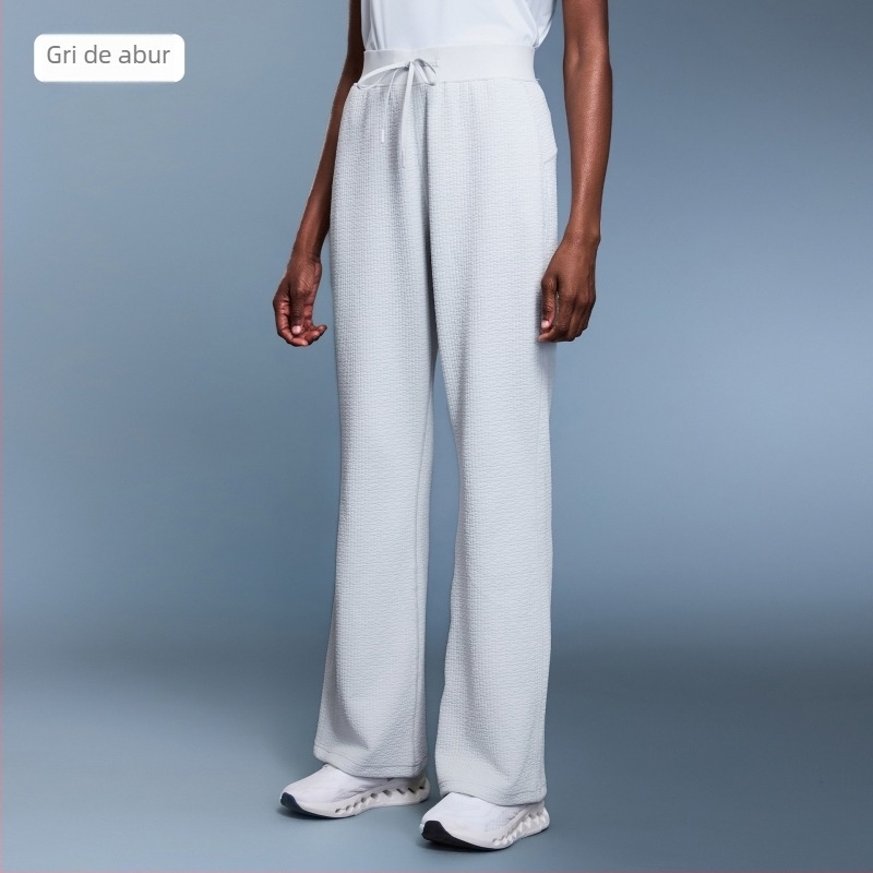 Pantaloni cu textură de gofra, croială lejeră, talie înaltă, material din amestec bumbac cu 95% poliester, respirabili, pentru femei