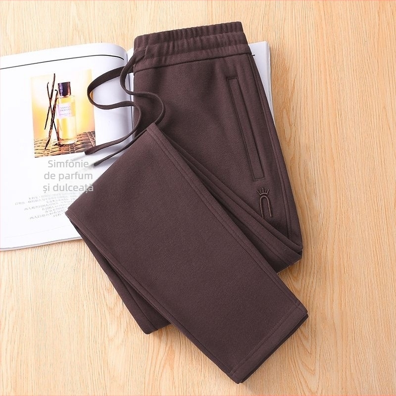 Pantaloni sport femei cu căptușeală din fleece, fleece polar, iarnă 2023, talie înaltă, croială dreaptă, stil casual street, bumbac >95%