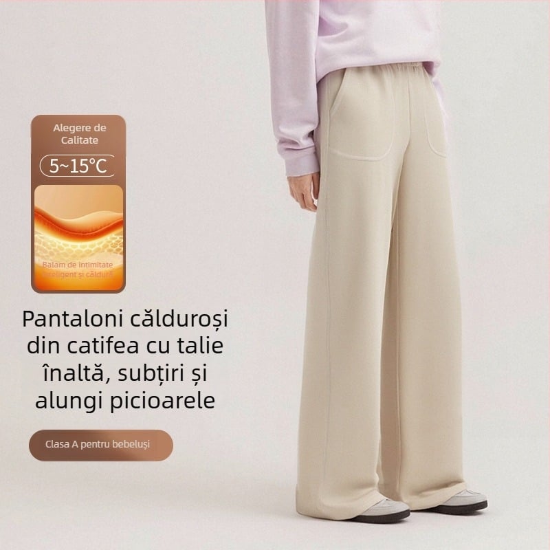 Pantaloni damă Lyocell cu talie înaltă, wide-leg, țesătură periată