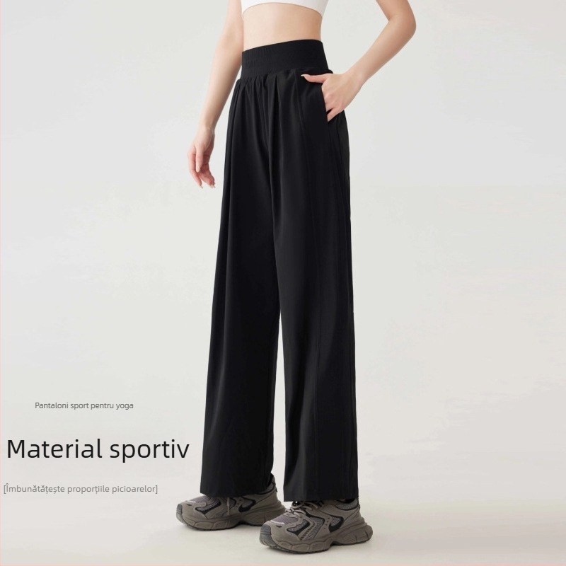 Pantaloni sport femei, croială lejeră, wide-leg, talie medie, material Nylon-Spandex (88% Nylon, 12% Spandex), respirabili
