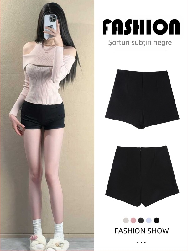 Șort casual feminin cu talie înaltă, croială A-line, lungime trei sferturi, fermoar, material rayon