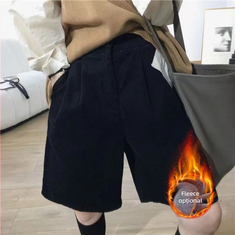 Corduroy pantaloni cu talie înaltă, largi, lungime medie pentru femei — poliester 95%+