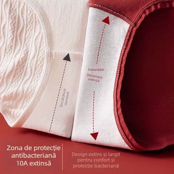 Chiloți damă din bumbac antibacteriali, talie medie, cu zonă inghinală extinsă; material principal: bumbac (90–95%); căptușeala zonei inghinale: 95–100% bumbac
