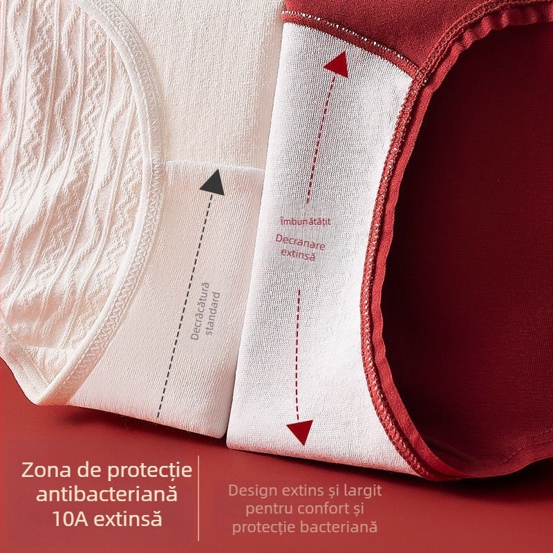 Chiloți damă din bumbac antibacteriali, talie medie, cu zonă inghinală extinsă; material principal: bumbac (90–95%); căptușeala zonei inghinale: 95–100% bumbac