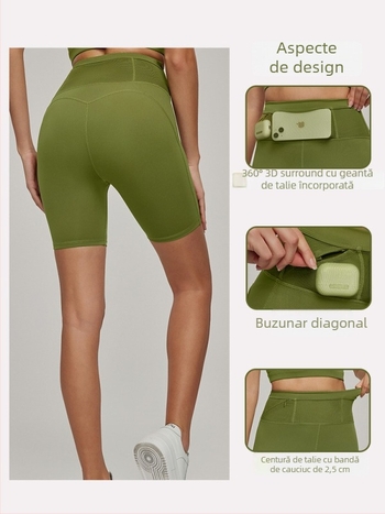 Șorturi de alergare pentru femei cu buzunar în talie, țesătură antibacteriană cu senzație de piele, înaltă elasticitate, 80% nailon, 20% spandex, șorturi de yoga