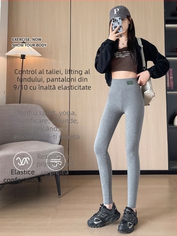 Colanți din bumbac pentru femei, talie înaltă, lungime 9/10, croială stramtă, amestec bumbac-elastan, căptușiți cu fleece