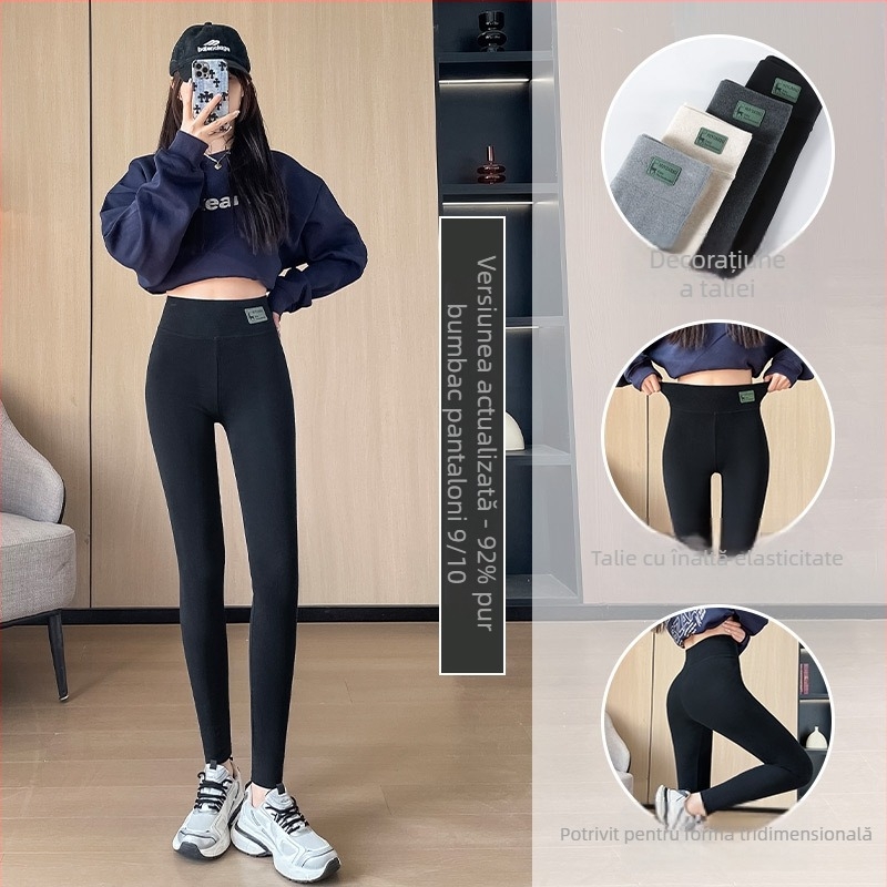 Colanți din bumbac pentru femei, talie înaltă, lungime 9/10, croială stramtă, amestec bumbac-elastan, căptușiți cu fleece