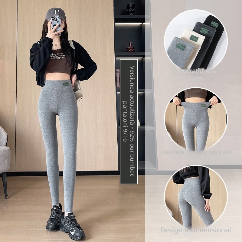 Colanți din bumbac pentru femei, talie înaltă, lungime 9/10, croială stramtă, amestec bumbac-elastan, căptușiți cu fleece