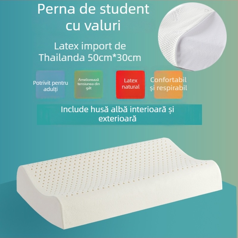 ROYAL NEO pernă cervicală din latex, dreptunghiulară, latex natural >90%, material tricotat, greutate 1,0–1,5 kg, înălțime 10–15 cm, pentru adulți