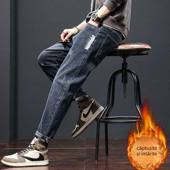 Jeansi bărbați cu fleece, croială dreaptă, ușor elastic, talie medie cu fermoar, denim din bumbac 60%, buzunare decorative
