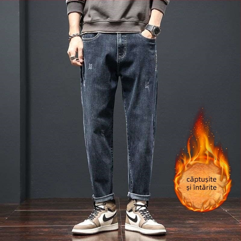 Jeansi bărbați cu fleece, croială dreaptă, ușor elastic, talie medie cu fermoar, denim din bumbac 60%, buzunare decorative