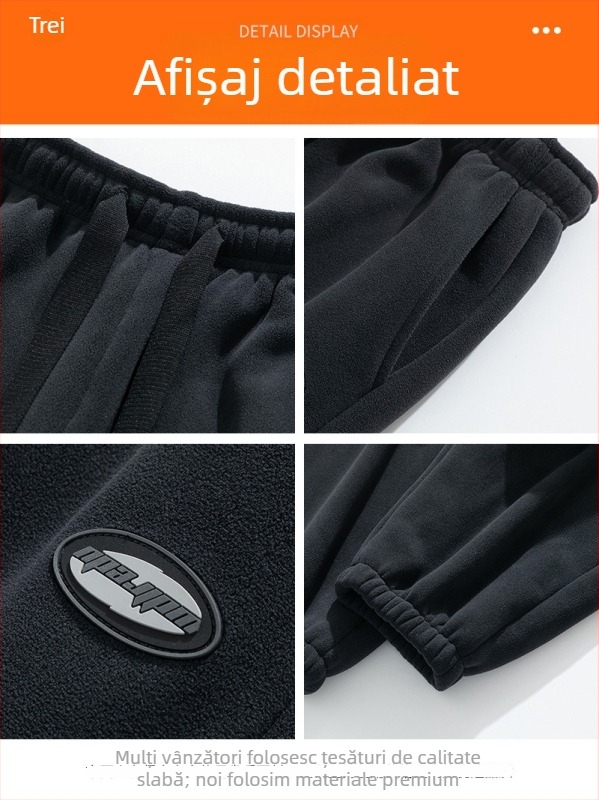 Pantaloni sport de iarnă pentru bărbați, căptuiți cu fleece, croiți larg, talie medie, închidere cu șiret, material micro-elastic fleece
