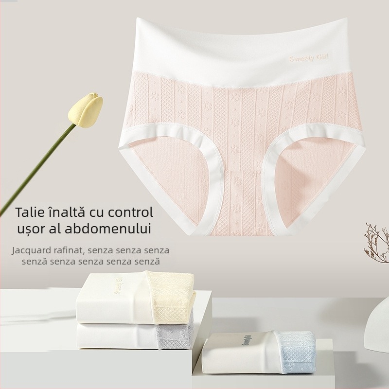 Chiloți femei talie înaltă, jacquard din bumbac, fără linii vizibile, control abdominal, respirabili, antibacterieni, căptușeală 100% din bumbac