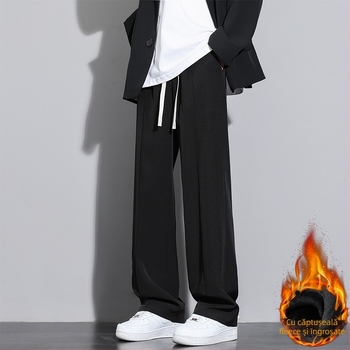 Pantaloni casual bărbați cu căptușeală fleece pentru iarnă, croială dreaptă, talie medie, șnur