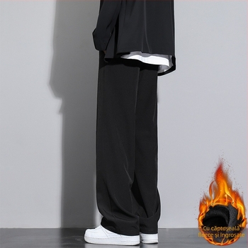 Pantaloni casual bărbați cu căptușeală fleece pentru iarnă, croială dreaptă, talie medie, șnur