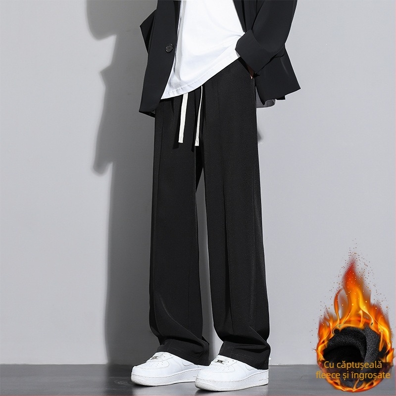 Pantaloni casual bărbați cu căptușeală fleece pentru iarnă, croială dreaptă, talie medie, șnur