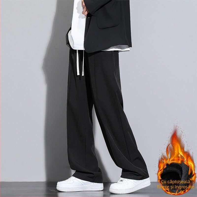 Pantaloni casual bărbați cu căptușeală fleece pentru iarnă, croială dreaptă, talie medie, șnur