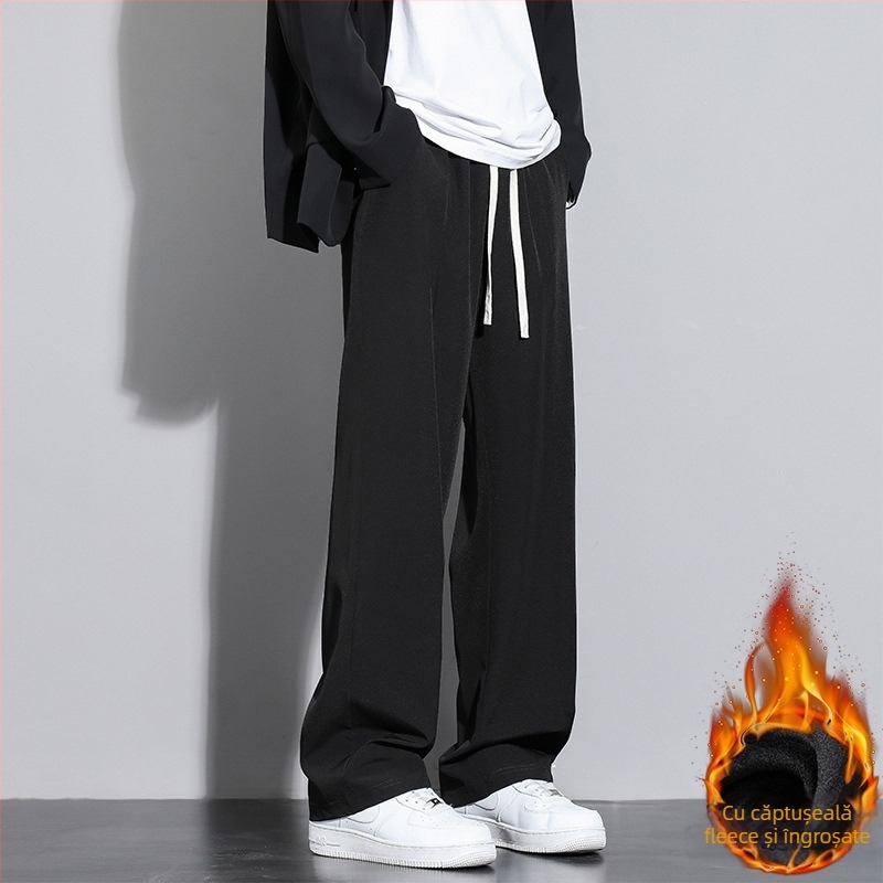 Pantaloni casual bărbați cu căptușeală fleece pentru iarnă, croială dreaptă, talie medie, șnur