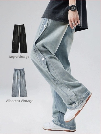 Blugi bărbați, croială lejeră, picior drept, talie medie, închidere cu șnur, lavabil, micro-elasticitate, potriviți pentru toate cele patru anotimpuri