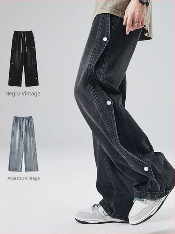 Blugi bărbați, croială lejeră, picior drept, talie medie, închidere cu șnur, lavabil, micro-elasticitate, potriviți pentru toate cele patru anotimpuri