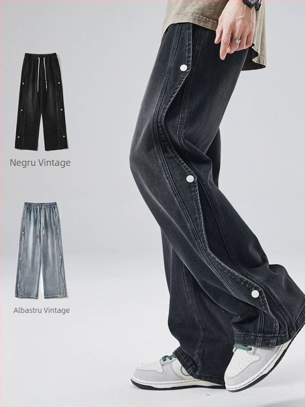 Blugi bărbați, croială lejeră, picior drept, talie medie, închidere cu șnur, lavabil, micro-elasticitate, potriviți pentru toate cele patru anotimpuri