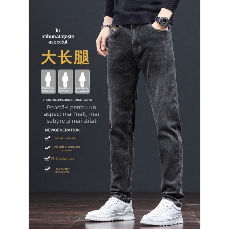 Jeans drepti pentru bărbați, talie înaltă, închidere cu șnur, denim ușor, 65% poliester