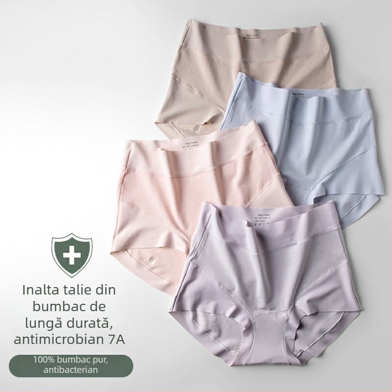 Chiloți de damă din bumbac cu talie înaltă — respirabili, susținere a abdomenului, antibacterieni, material principal 95–100% bumbac, căptușeală la zona inghinală 100% bumbac