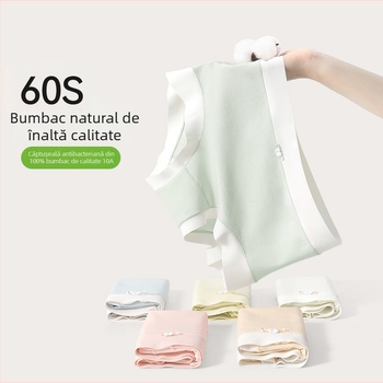 Chiloți de damă din bumbac talie medie, antibacterieni și respirabili; material principal 80–90% bumbac; căptușeala zonei intime 100% bumbac