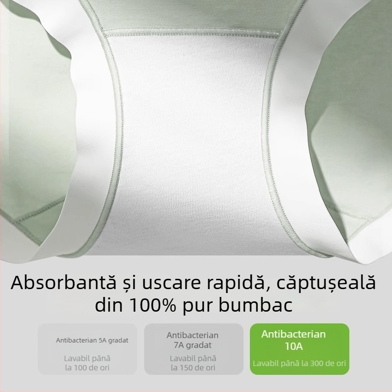 Chiloți de damă din bumbac talie medie, antibacterieni și respirabili; material principal 80–90% bumbac; căptușeala zonei intime 100% bumbac
