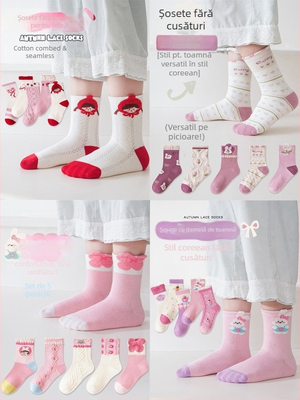 Șosete pentru copii fără cusături, lungime medie până la tibie, din bumbac Jacquard, respirante și absorbante de transpirație, set 5 perechi
