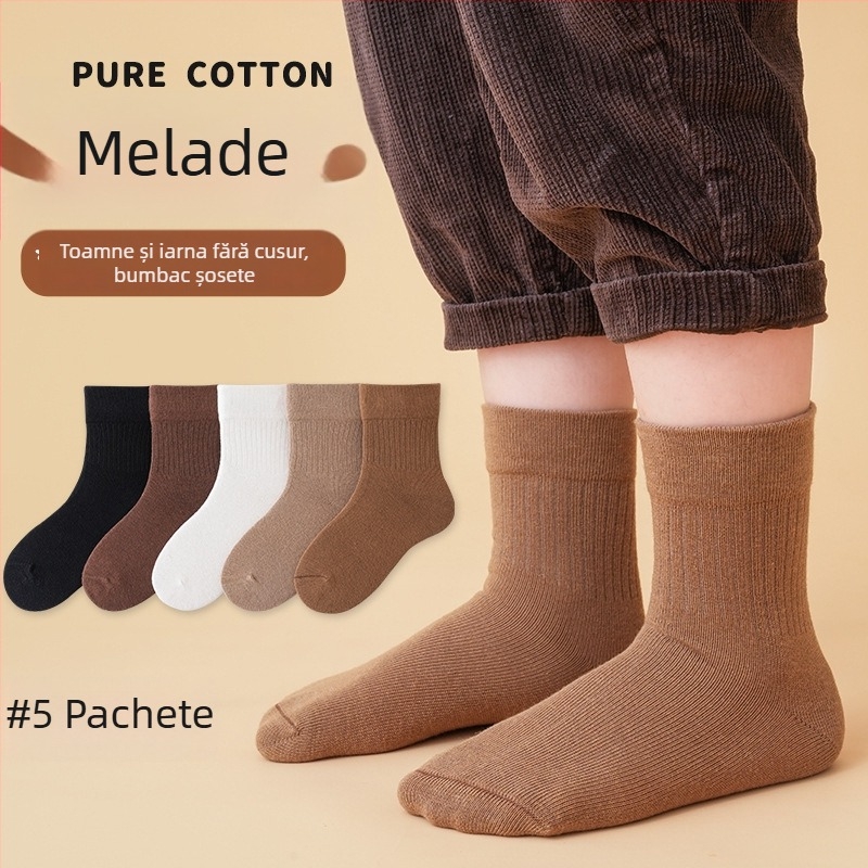 Șosete pentru copii fără cusături, lungime medie până la tibie, din bumbac Jacquard, respirante și absorbante de transpirație, set 5 perechi