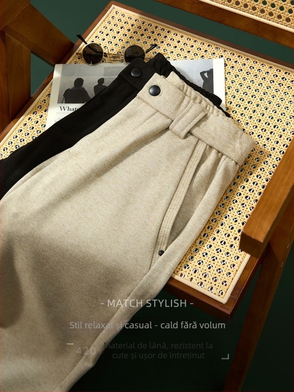 Pantaloni bărbătești business casual, croială dreaptă, talie medie, fermoar, material gros, fără călcare — iarnă