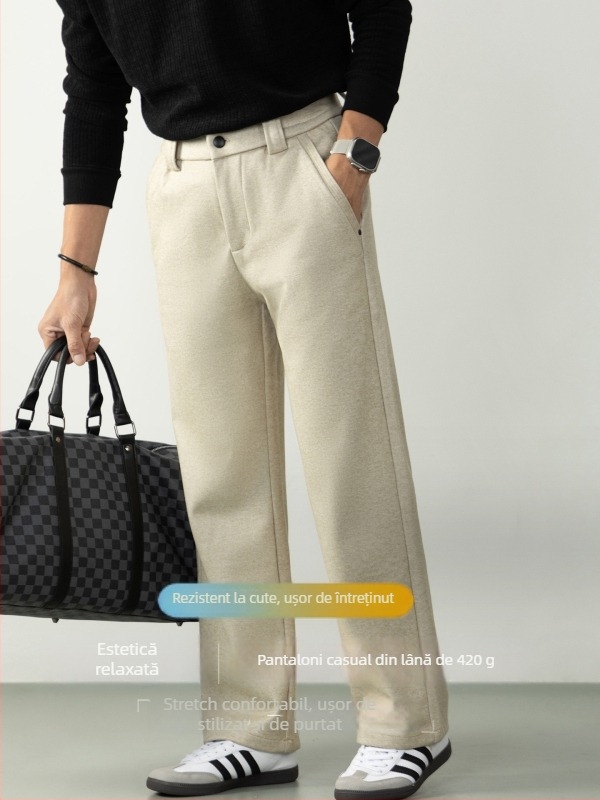 Pantaloni bărbătești business casual, croială dreaptă, talie medie, fermoar, material gros, fără călcare — iarnă