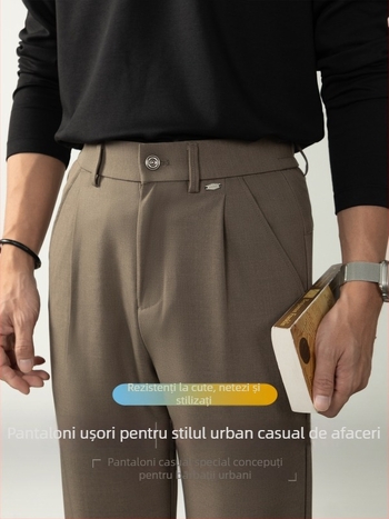 Pantaloni bărbați cu croială dreaptă, talie elastică, fără călcare, poliester/elastan 97.2%/2.8%, stil business lejer, pentru primăvară și toamnă