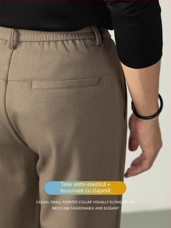 Pantaloni bărbați cu croială dreaptă, talie elastică, fără călcare, poliester/elastan 97.2%/2.8%, stil business lejer, pentru primăvară și toamnă