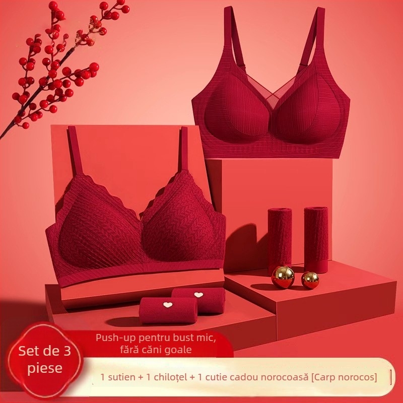 Set sutiene mireasă: push-up efect, cupă 3/4, umplutură din burete, bretele fixe duble, trei rânduri de închizători la spate, material nylon