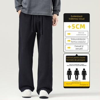 Pantaloni casual bărbați cu croială dreaptă din tricot - talie medie, șnur, poliester, iarnă