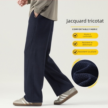 Pantaloni casual bărbați cu croială dreaptă din tricot - talie medie, șnur, poliester, iarnă
