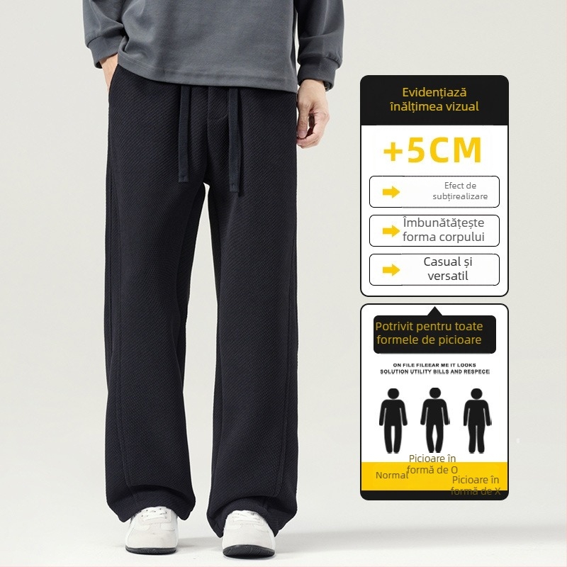 Pantaloni casual bărbați cu croială dreaptă din tricot - talie medie, șnur, poliester, iarnă