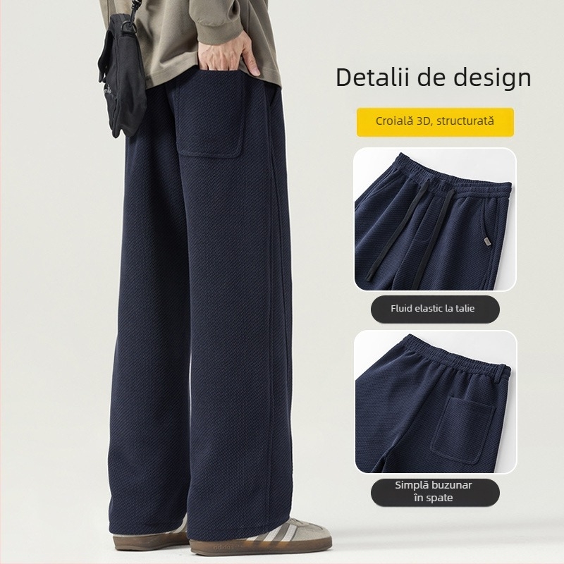 Pantaloni casual bărbați cu croială dreaptă din tricot - talie medie, șnur, poliester, iarnă