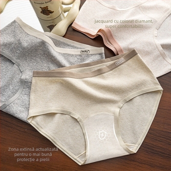 Chiloți femei din bumbac talie medie, respirabili și antibacterieni, căptușeală de bumbac în zona inghinală, tricot rib