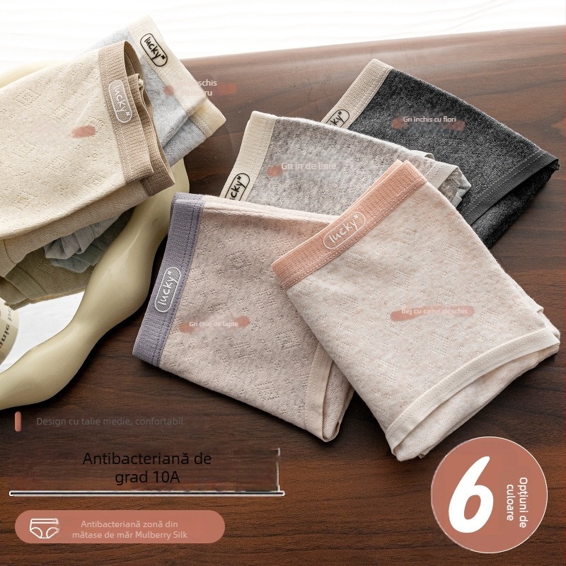 Chiloți femei din bumbac talie medie, respirabili și antibacterieni, căptușeală de bumbac în zona inghinală, tricot rib